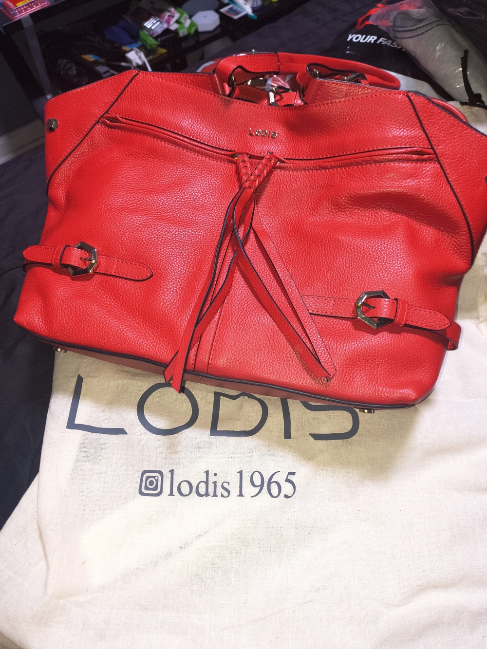 Lodis Red Pebbled Leather Tote with Braided Tassel